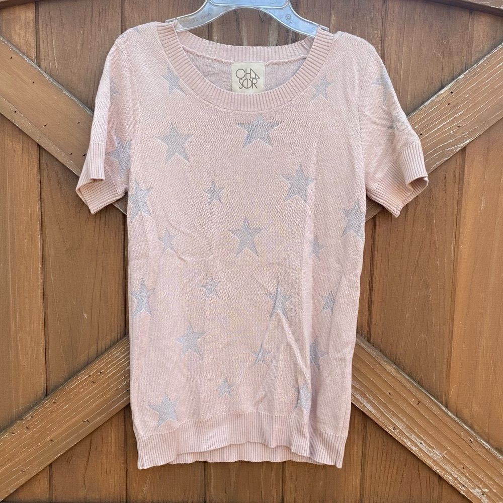 Chaser Light Pink w/Silver Stars Short Sleeve Sweater/Top. Medium Soft! New NWT